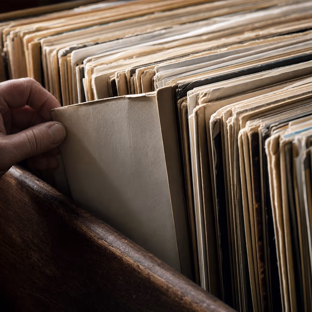 Close detail of well-worn record sleeves standing in a wooden crate