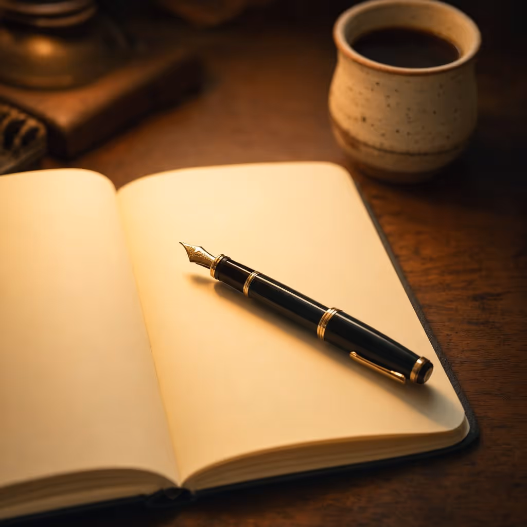 A fountain pen resting on an open notebook beside a cup of coffee