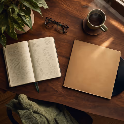 A reading corner with a notebook, coffee and a record sleeve