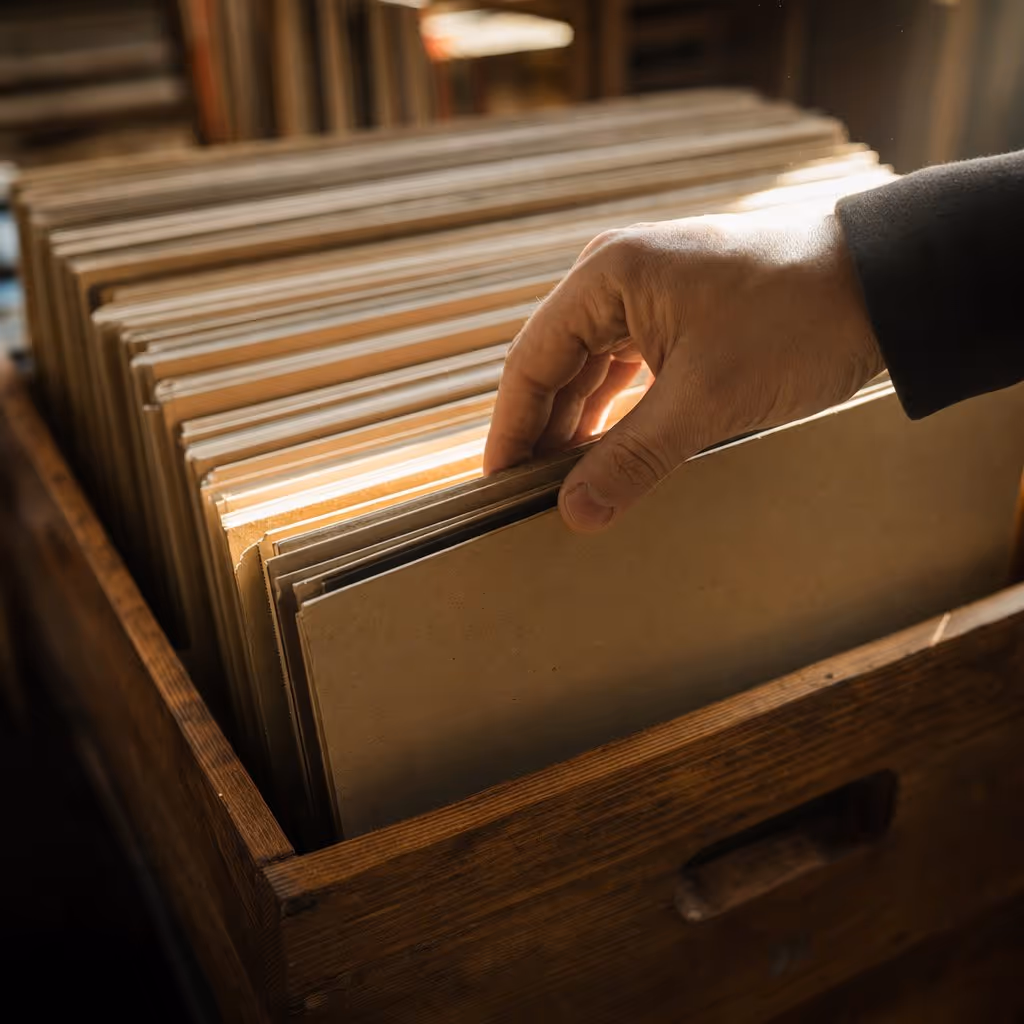 Flipping through records stored upright in a wooden crate