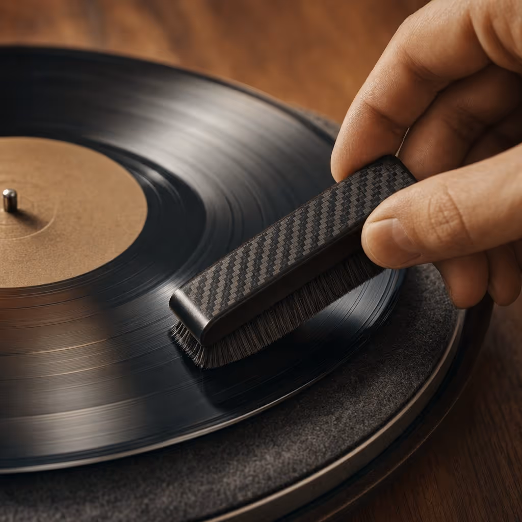 Brushing dust from a vinyl record's grooves