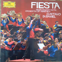 Cover art, Fiesta, Latin American works, Various (Revueltas, Carreño, Estévez, Márquez, Ginastera, Bernstein), Simón Bolívar Youth Orchestra of Venezuela / Gustavo Dudamel