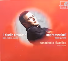 Cover art, Il duello amoroso: Secular Cantatas, Handel, Andreas Scholl, countertenor; Hélène Guilmette, soprano; Accademia Bizantina / Ottavio Dantone