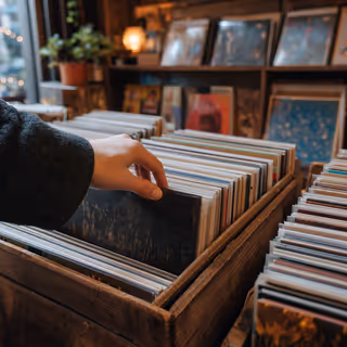 A hand flipping through records in a wooden crate