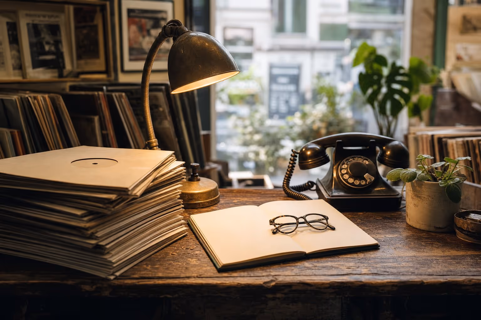 A worn wooden desk with a stack of records, a brass lamp and an old telephone