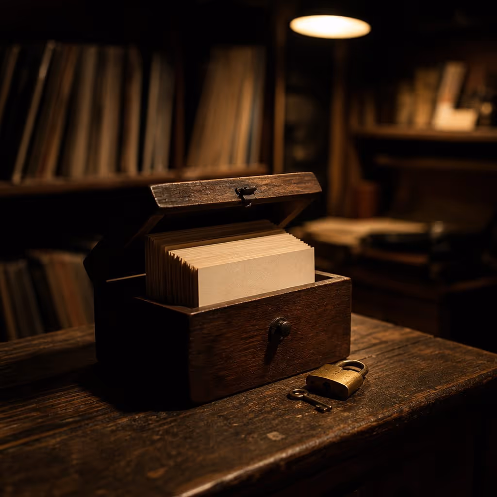 A small antique filing box holding plain index cards, with a brass padlock and key resting beside it on a wooden desk